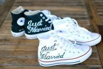 wedding photo - Hand Painted Just Married Converse - Black Canvas Chucks