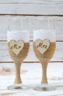 wedding photo - Wedding Champagne Flutes Glasses Rustic Toasting Bride Groom Shabby Chic Mr Mrs Glasses Lace glasses