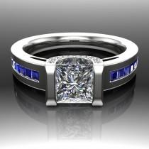 wedding photo - Princess Diamond Engagement Ring, 1 Carat with Blue Sapphire and Diamond Accents, Broad Band
