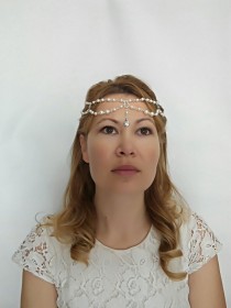 wedding photo -  1920s Headpiece, 1920s Head Chain, Pearl Hair Chain, Bridal Forehead Band, Hair Jewelry, Forehead Jewelry Hair Chain, Pearl Headpiece