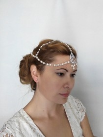 wedding photo - 1920s Bridal Hair Chain, Bridal Headpiece, Wedding Headband 1920s Bohemian Bridal Forehead Band, Pearl Head Chain Hair Jewelry