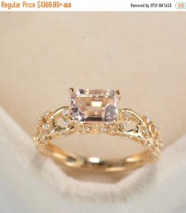 wedding photo - SALE Morganite Engagement Ring, 1.12CT Natural Morganite ring Emerald Cut engagement ring Wedding ring Aniiversary ring bridal ring set
