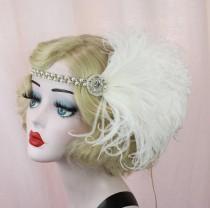 wedding photo - Great Gatsby Crystal Headband, Pearl Hair Accessory, Feather Fascinator, Flapper Headpiece, Feather Headband, Bridal Headpiece