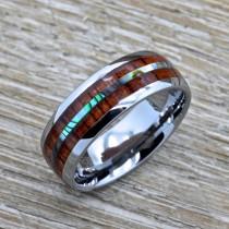 wedding photo - Men's Tungsten Ring with Abalone Inlay, Hawaiian Koa Wood 8mm Comfort Fit Wedding Band