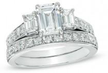 wedding photo - 2-1/5 CT. T.W. Certified Emerald-Cut Diamond Three Stone Bridal Set in Platinum (H/SI2)