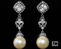 wedding photo - Bridal Pearl Chandelier Earrings Swarovski 10mm Ivory Pearl Earrings Ivory Pearl Dangle Earrings Wedding Pearl Earrings CZ Pearl Earrings