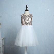 wedding photo - Ivory Lace Tulle Flower Girl Dress Rose Gold Sequin Wedding Junior Bridesmaid Party Dress Knee Length