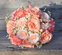 wedding photo - Peach Rose Wedding Bouquet, Silk Flower Bouquet made with Coral Roses, Peach Roses, Coral Dahlia's and Ivory Baby Breath.