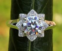 wedding photo - PLATINUM - Unique Flower Rose Lotus Diamond Engagement or Right Hand Ring Setting Semi mount - Plain band -fL02