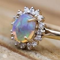 wedding photo - Fantastic Oval Australian Opal & Diamond Engagement Ring 18K Yellow Gold