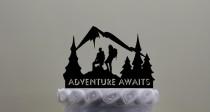 wedding photo - Hiking Couple Cake Topper, Contains a Male and Female Hiker With a Mountain Scene.  Can contain your name or phrase or phrase that is shown.