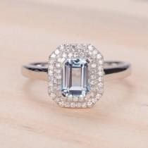 wedding photo - Engagement Ring Aquamarine Ring Diamond Ring White Gold Ring Princess Cut Ring Halo Shape Ring Delicate Ring Anniversary Ring Promise Ring