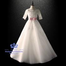 wedding photo - Ivory Lace Tulle Trailing Flower Girl Dress Wedding Junior Bridesmaid With 1/2 Long Sleeve