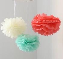 wedding photo - 12pcs Mixed Mint Coral Ivory DIY Tissue Paper Flower Pom Poms Wedding Birthday Shower Party Hanging Decoration