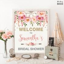 wedding photo - Floral Bridal Shower Welcome Sign. Pink Gold Bohemian Flowers. Boho Bridal Shower Decor. Pink Feathers Glitter Confetti. Dreamcatcher FLO12A