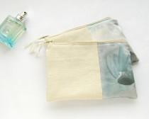 wedding photo - Bridesmaid gift SET of 2 wedding clutches, linen and grey cosmetic bags