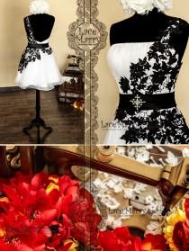 wedding photo - Open Back Short Evening Dress from White Organza and Black Flower Lace featuring One Shoulder Strap and Handmade Beaded Brooch on the Sash