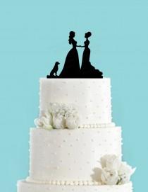 wedding photo - Bride and Bride Couple with Dog Acrylic Wedding Cake Topper, Same Sex Cake Topper, Lesbian Cake Topper