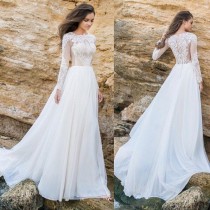 wedding photo - Elegant Lace Applique Tulle Chiffon A Line Simple Long Sleeves Formal Beach Wedding Dresses Plus Size