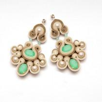 wedding photo - Mint earrings, Crystal mint chandelier earrings, Mint statement earrings, Pearl chandelier soutache earrings