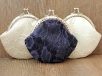 wedding photo - Wedding Bridal Clutch - Navy Blue Lace Coin purse - Wedding Bridesmaid Small Lace Clutch - Wedding Ring Holder - Party Gift - Set