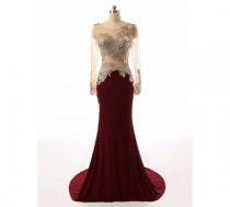 wedding photo - Long Sleeve Prom Dresses Burgundy Prom Dresses Mermaid Evening Dress Long Evening Gowns Women Formal Dress Beaded Evening Party Prom Gowns