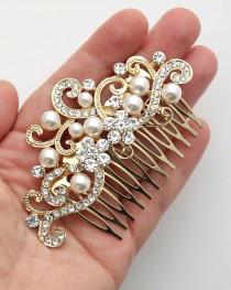 wedding photo - Gold Bridal Comb, Pearl Wedding Hair Pin, Rhinestone Pearl Hairpiece, Pearl Bridal Hair Comb, Gold Vintage Wedding Hair Accessory