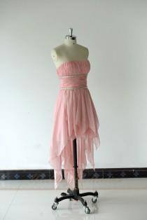 wedding photo - Pink High Low Prom Dress Evening Gown Crystal Beaded Pleats Chiffon Strapless