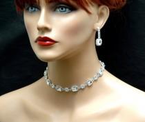 wedding photo - Bridal Jewelry Set, Crystal Wedding Necklace, FREE SHIPPING Art Deco Bridal Necklace, Choker Necklace, Silver Prom Necklace Diamond Necklace - $27.00 USD
