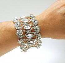 wedding photo - Bridal Cuff Bracelet, Art Deco Silver Crystal Bracelet, Prom Gold Rhinestone Bracelet, Wedding 1920s Old Hollywood Bracelet, Prom Jewelry - $45.00 USD