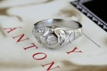 wedding photo - Art Nouveau Diamond Engagement Ring, Antique 18k White Gold Unique Engagement Ring, 1920s Art Deco Diamond Alternative Engagement Ring Doves