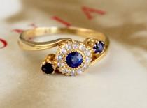 wedding photo - Edwardian Sapphire Diamond Engagement Ring, 18k Gold Antique Past Present Future Ring, Sapphire Diamond Halo Ring, Natural Sapphire Ring
