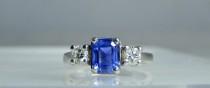 wedding photo - Vintage Platinum Sapphire Diamond Engagement Ring Stuller Size 6.5 Emerald Cut Blue Sapphire Bright Round Diamonds Original Retail 430