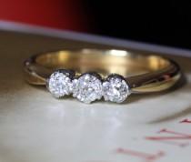 wedding photo - Art Deco .49ct Diamond Engagement Ring, Platinum 18k Gold Diamond Trilogy Ring, Antique Engagement Ring, Antique Wedding Band