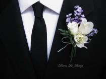 wedding photo - Lavender Rose Boutonniere, Groomsmen Lapel Pin, Cream and Purple Wedding Flowers, FlowersForThought original design