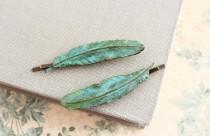 wedding photo - Feather Bobby Pins Verdigris Patina feather Hair Accessories Pair of Feathers Teal Blue Feather Rustic Green Brass Woodland Nature Bird