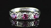 wedding photo - Diamond and pink red ruby engagement wedding ring in 9ct yellow or white gold vintage antique promise ring for her 1970's