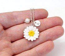 wedding photo -  Daisies White Necklace, White Pendant, Personalized Initial Disc Necklace, Bridesmaid Necklace, White Bridesmaid Jewelry, Daisies Flower