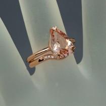 wedding photo - Peach Pink Morganite Engagement Set, Pear Cut Morganite Solitaire Tulip Ring, Rose Gold Engagement Set