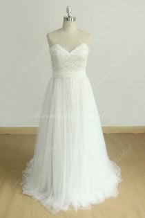 wedding photo - Flowy Aline Tulle lace wedding dress with illusion sweetheart neckine and champagne lining