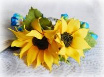 wedding photo -  Sunflower wedding, Bridal crown, Sunflower headband, Floral wreath, Yellow blue flowers, Real touch sunflowers, Blue roses crown, Spring - $49.00 USD
