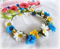 wedding photo -  Wildflowers crown, Chamomile cornflowers, Realistic flowers, Ukrainian crown, Yellow blue white, Floral wreath, Summer wedding, Flower halo - $45.00 USD
