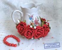 wedding photo -  Red flower crown, Headband rose, Flower Wreath, Bridal hair piece, Floral crown, Red roses, Red headpiece, Ukrainian crown, Red wedding - $45.00 USD