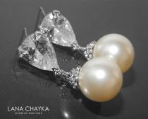 wedding photo -  Pearl Cubic Zirconia Bridal Earrings Swarovski 12mm Ivory Color Pearl Drop Earrings Wedding Earrings Large Pearl Earrings Prom Pearl Jewelry - $32.50 USD