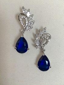 wedding photo -  Sapphire Blue Wedding Earrings Cubic Zirconia Blue Bridal Jewelry CZ Crystal Earrings Wedding Bridesmaid Gift Bridal earrings Jewelry - $35.90 USD