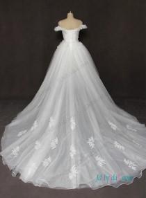 wedding photo -  Fiary off the shoulder tulle princess wedding dress with flowers