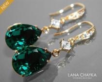 wedding photo -  Emerald Crystal Gold Earrings Teardrop Green Wedding Earrings Swarovski Emerald Rhinestone Earrings Bridal Bridesmaid Jewelry Prom Earrings - $28.00 USD