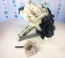 wedding photo -  Beautiful navy blue wedding bouquet using book page roses with matching boutonniere option and three sizes to choose from