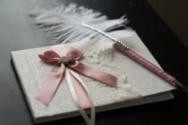 wedding photo -  Wedding Guest Book   ostrich feather Pen Dusty rose color  Ring Bearer Pillow  Bridal Garter Set  Unity candles Set  Mauve Sign in Book - $28.00 USD