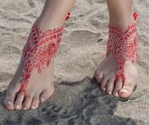 wedding photo -  Red Beach wedding barefoot sandals Lace Bridal Sandals, Red Silver frame bangle, wedding anklet, FREE SHIP anklet, wedding gift bridesmaid - $27.80 USD